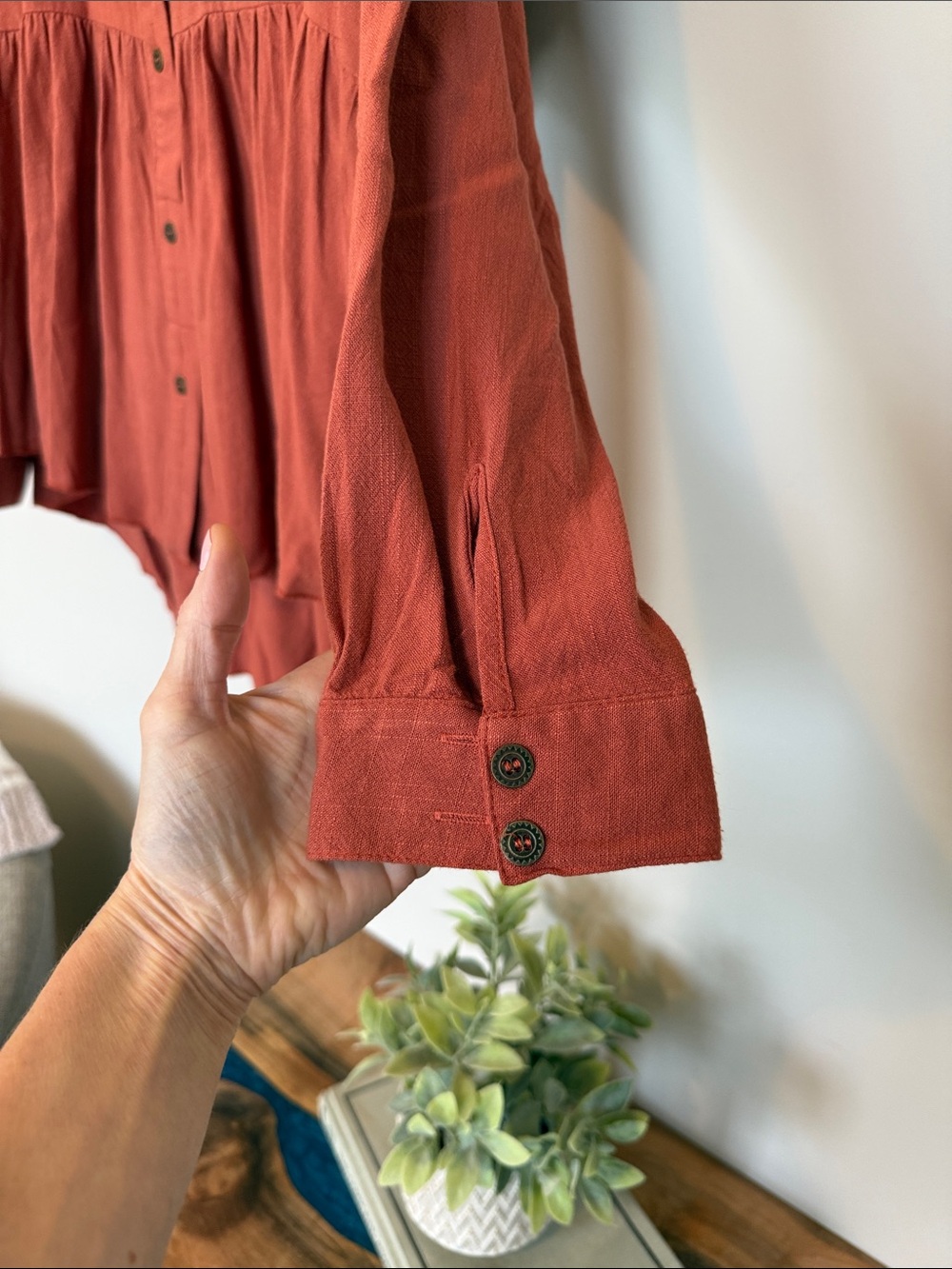 Umgee Terracotta Button-Front Peplum Shirt - Picture 6 of 13